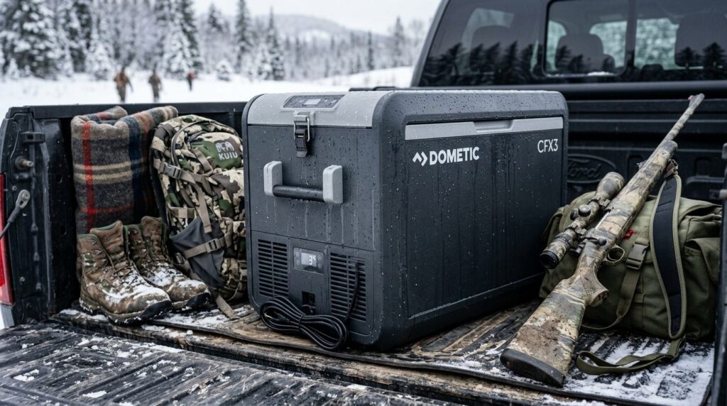 Close-up detail shot of a portable 12V cooler box with conde