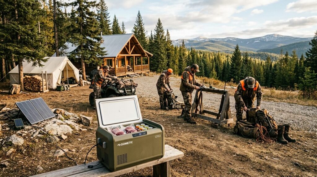 Wide landscape shot of hunters at remote hunting lodge with 