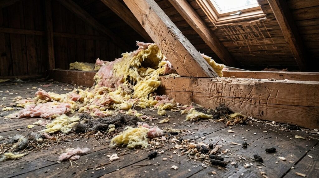 Close-up of attic damage caused by pine marten - torn insula