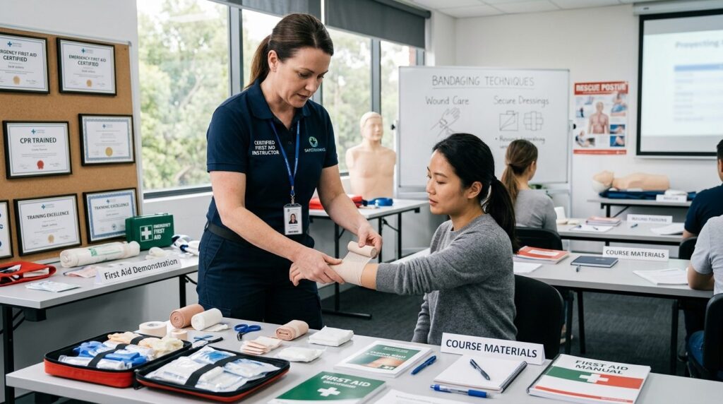 Photorealistic image of a professional first aid instructor 