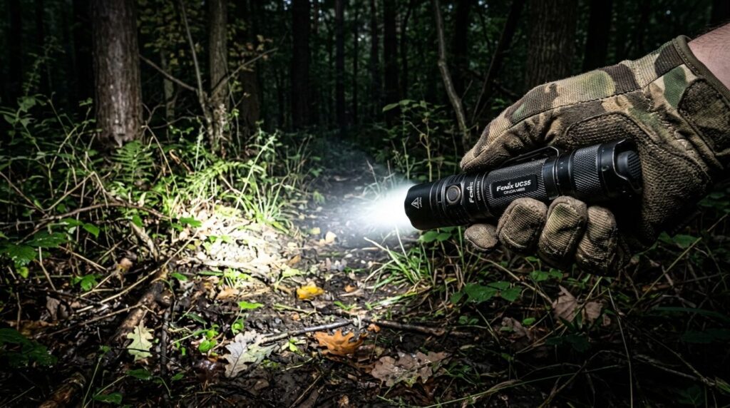 Close-up detail shot of a tactical rechargeable LED flashlig