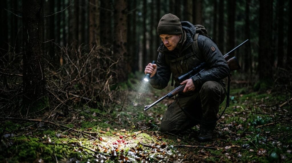 Hunter tracking wounded deer at night using compact recharge